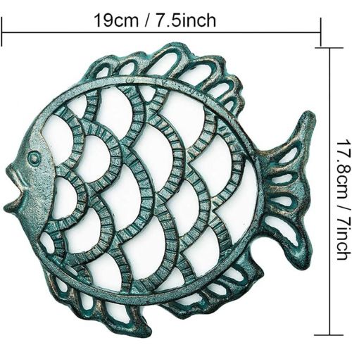  Sungmor Cast Iron Cute Fish Trivet for Wood Stove - Dia-7.5 Inch Dark Green Finish - Rustproof Round Stands for Hot Pots/Dishes/Pans - Decorative Metal Table Trivet for Kitchen Coo