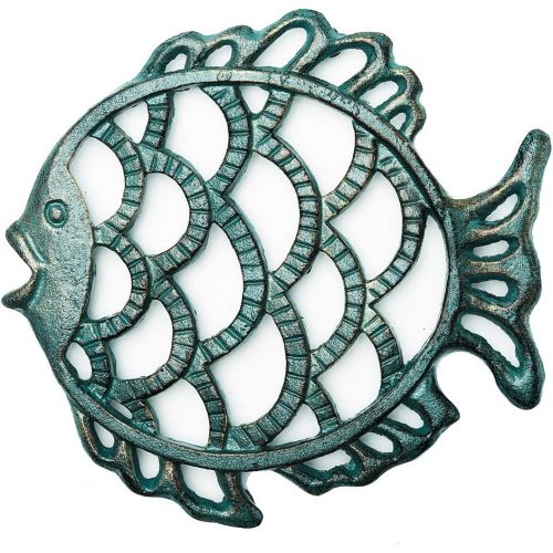  Sungmor Cast Iron Cute Fish Trivet for Wood Stove - Dia-7.5 Inch Dark Green Finish - Rustproof Round Stands for Hot Pots/Dishes/Pans - Decorative Metal Table Trivet for Kitchen Coo