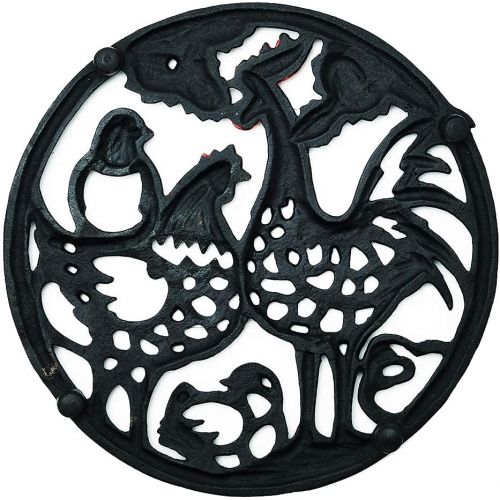  Sungmor Cast Iron Cock Trivet for Wood Stove Dia 8.1 Inch Cock Family Image Rustproof Round Stands for Hot Pots/Dishes/Pans Decorative Metal Table Trivet for Kitchen Cooking