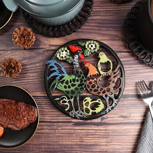  Sungmor Cast Iron Cock Trivet for Wood Stove Dia 8.1 Inch Cock Family Image Rustproof Round Stands for Hot Pots/Dishes/Pans Decorative Metal Table Trivet for Kitchen Cooking