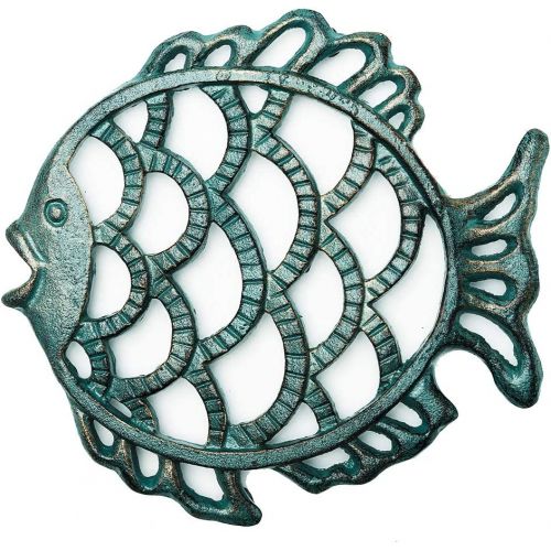  Sungmor Cast Iron Cute Fish Trivet for Wood Stove Dia 7.5 Inch Dark Green Finish Rustproof Round Stands for Hot Pots/Dishes/Pans Decorative Metal Table Trivet for Kitchen Coo