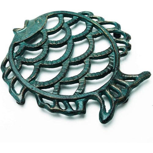  Sungmor Cast Iron Cute Fish Trivet for Wood Stove Dia 7.5 Inch Dark Green Finish Rustproof Round Stands for Hot Pots/Dishes/Pans Decorative Metal Table Trivet for Kitchen Coo