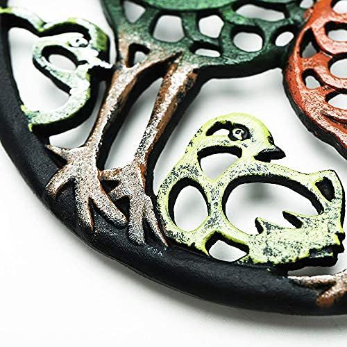  Sungmor Cast Iron Cock Trivet for Wood Stove Dia 8.1 Inch Cock Family Image Rustproof Round Stands for Hot Pots/Dishes/Pans Decorative Metal Table Trivet for Kitchen Cooking