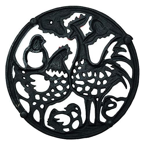  Sungmor Cast Iron Cock Trivet for Wood Stove Dia 8.1 Inch Cock Family Image Rustproof Round Stands for Hot Pots/Dishes/Pans Decorative Metal Table Trivet for Kitchen Cooking