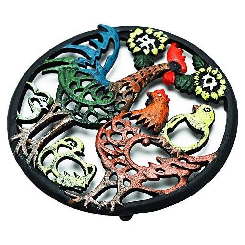  Sungmor Cast Iron Cock Trivet for Wood Stove Dia 8.1 Inch Cock Family Image Rustproof Round Stands for Hot Pots/Dishes/Pans Decorative Metal Table Trivet for Kitchen Cooking