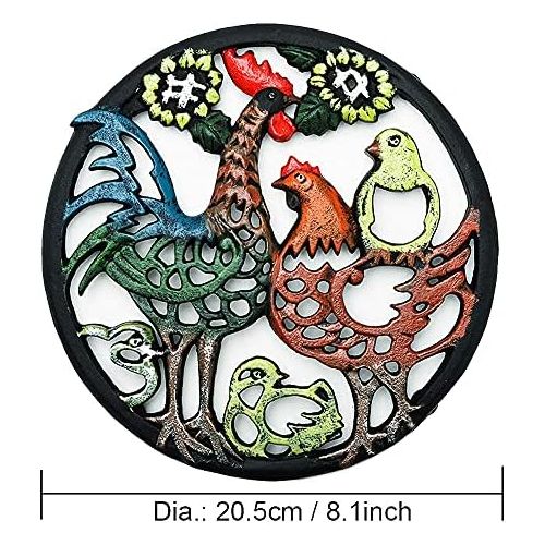  Sungmor Cast Iron Cock Trivet for Wood Stove Dia 8.1 Inch Cock Family Image Rustproof Round Stands for Hot Pots/Dishes/Pans Decorative Metal Table Trivet for Kitchen Cooking