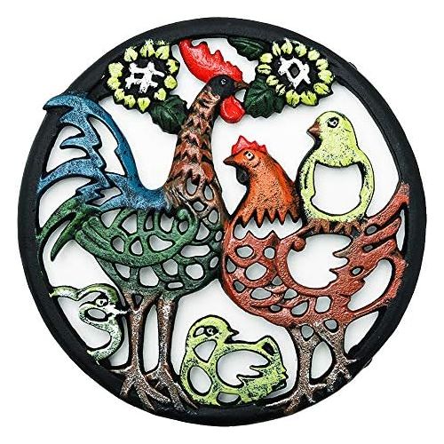  Sungmor Cast Iron Cock Trivet for Wood Stove Dia 8.1 Inch Cock Family Image Rustproof Round Stands for Hot Pots/Dishes/Pans Decorative Metal Table Trivet for Kitchen Cooking