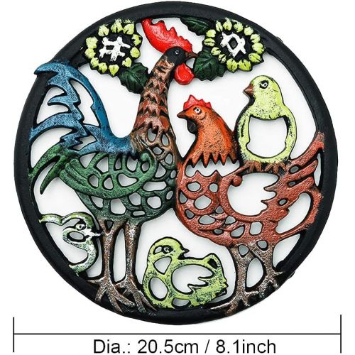  Sungmor Cast Iron Cock Trivet for Wood Stove Dia 8.1 Inch Cock Family Image Rustproof Round Stands for Hot Pots/Dishes/Pans Decorative Metal Table Trivet for Kitchen Cooking