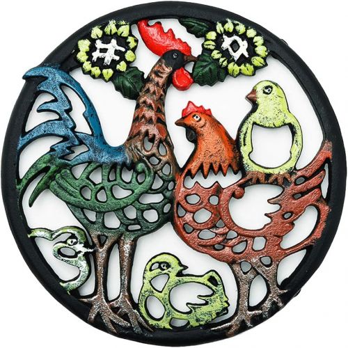  Sungmor Cast Iron Cock Trivet for Wood Stove Dia 8.1 Inch Cock Family Image Rustproof Round Stands for Hot Pots/Dishes/Pans Decorative Metal Table Trivet for Kitchen Cooking