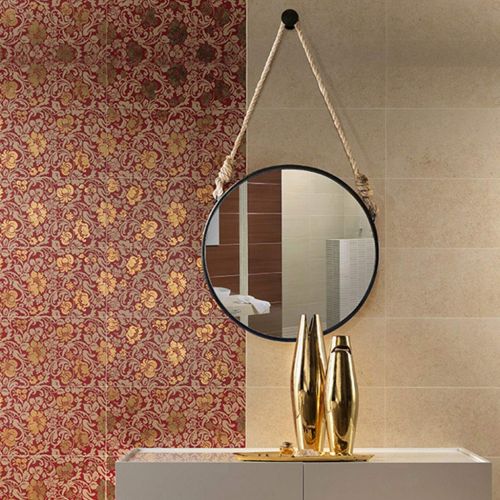  Sunhai-Bathroom mirror Sunhai Bathroom Vanity Mirror, Nordic Creative Wall Hanging Mirror - Bedroom Dressing Hanging Mirror - Round Wrought Iron Frame Wall Hanging Mirror (Color : Black, Size : 6060cm)
