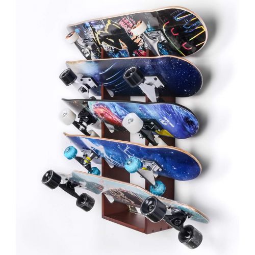  Sunix Skateboard Wall Rack Storage, Holds 5 Pairs, Longboard Wall Display Pine Tool Rack, Home and Garage Storage Hanger