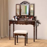 Sunix Vanity Table Set, Makeup Dressing Vanity Table with Folding Mirror, 7 Drawers, Cherry