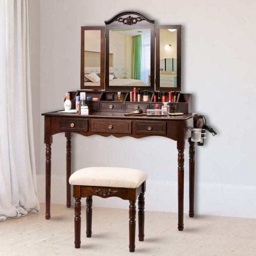  Sunix Vanity Table Set, Makeup Dressing Vanity Table with Folding Mirror, 7 Drawers, Cherry