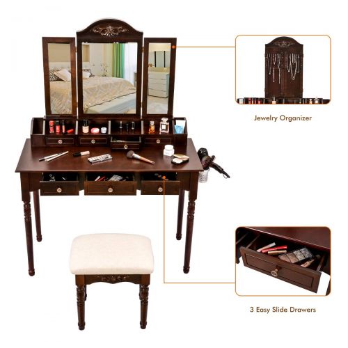  Sunix Vanity Table Set, Makeup Dressing Vanity Table with Folding Mirror, 7 Drawers, Cherry