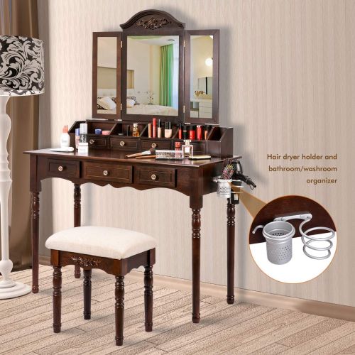  Sunix Vanity Table Set, Makeup Dressing Vanity Table with Folding Mirror, 7 Drawers, Cherry