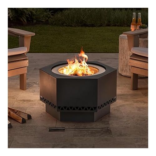  Sunjoy Fire Pit Smokeless 26 in. Hexagonal Outdoor Fire Pit, Patio Wood Burning Smokeless Firepit w/PVC Cover and Fire Poker, Ideal for Camping, Bonfire, and Backyard, Black