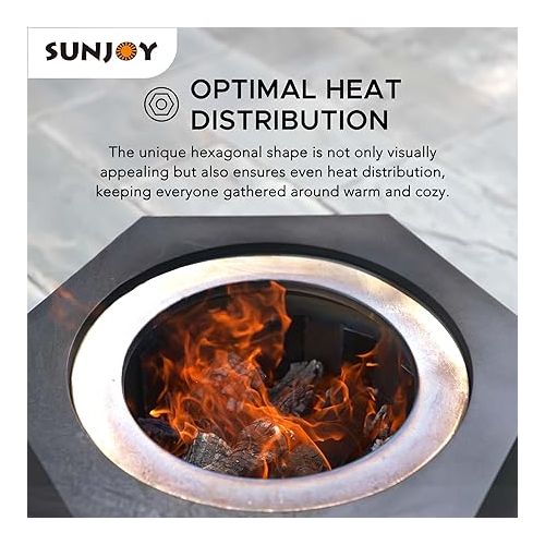  Sunjoy Fire Pit Smokeless 26 in. Hexagonal Outdoor Fire Pit, Patio Wood Burning Smokeless Firepit w/PVC Cover and Fire Poker, Ideal for Camping, Bonfire, and Backyard, Black