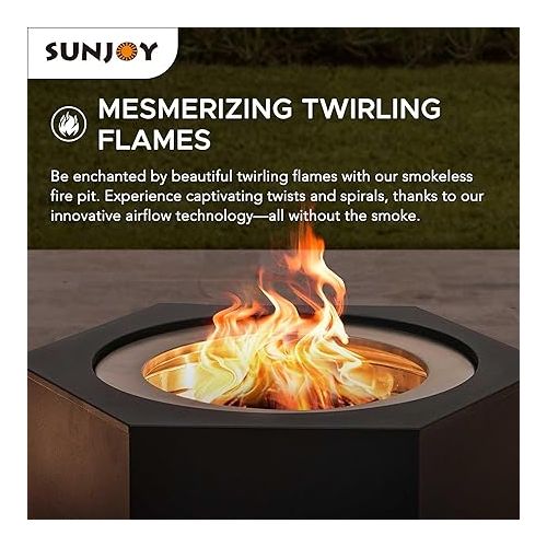  Sunjoy Fire Pit Smokeless 26 in. Hexagonal Outdoor Fire Pit, Patio Wood Burning Smokeless Firepit w/PVC Cover and Fire Poker, Ideal for Camping, Bonfire, and Backyard, Black