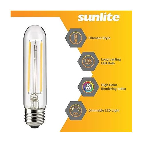  Sunlite LED Filament T10 Tubular Light Bulb, 2 Watts (25W Equivalent), 160 Lumens, Medium E26 Base, 120 Volts, Dimmable, 90 CRI, UL Listed, Clear, 4000K Cool White, 10 Pack