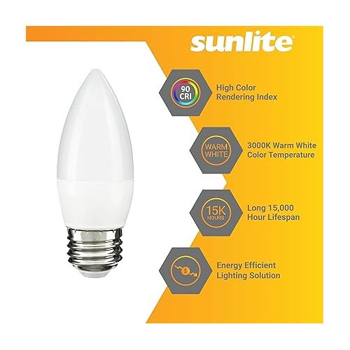  Sunlite 41772 LED B13 Decorative Chandelier Light Bulb, 7 Watts (60W=), 500 Lumens, 120 Volts, Dimmable, E26 Base, Energy Star, 90 CRI, ETL Listed, Torpedo Frosted, Title-20, 3000K Warm White, 6 Pack