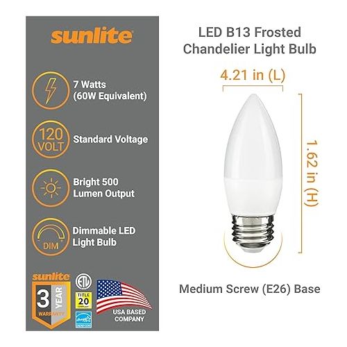  Sunlite 41772 LED B13 Decorative Chandelier Light Bulb, 7 Watts (60W=), 500 Lumens, 120 Volts, Dimmable, E26 Base, Energy Star, 90 CRI, ETL Listed, Torpedo Frosted, Title-20, 3000K Warm White, 6 Pack