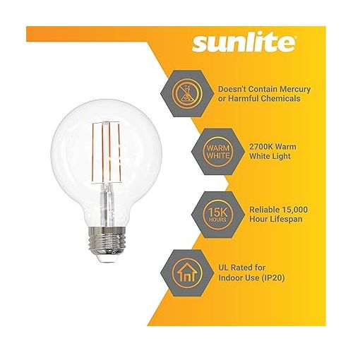  Sunlite 41696 LED G25 Edison Globe Light Bulb, 8.5 Watts (100W=), Medium E26 Base, 800 Lumens, Dimmable, Clear Glass, Antique Long Filament, 90 CRI, Title-20 Compliant, 2700K Soft White, 4 Count