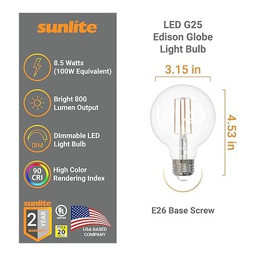  Sunlite 41696 LED G25 Edison Globe Light Bulb, 8.5 Watts (100W=), Medium E26 Base, 800 Lumens, Dimmable, Clear Glass, Antique Long Filament, 90 CRI, Title-20 Compliant, 2700K Soft White, 4 Count