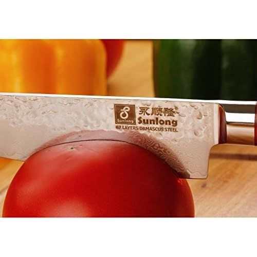  Sunlong Santoku Messer 5 Zoll Pro Gebrauchsmesser Japanische VG10 gehammert Damaststahl Natur Rose Holzgriff