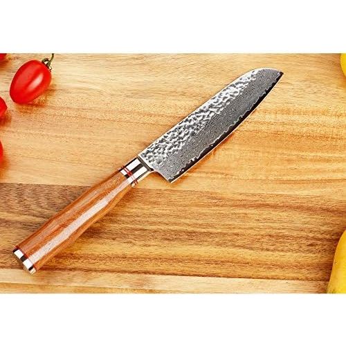  Sunlong Santoku Messer 5 Zoll Pro Gebrauchsmesser Japanische VG10 gehammert Damaststahl Natur Rose Holzgriff