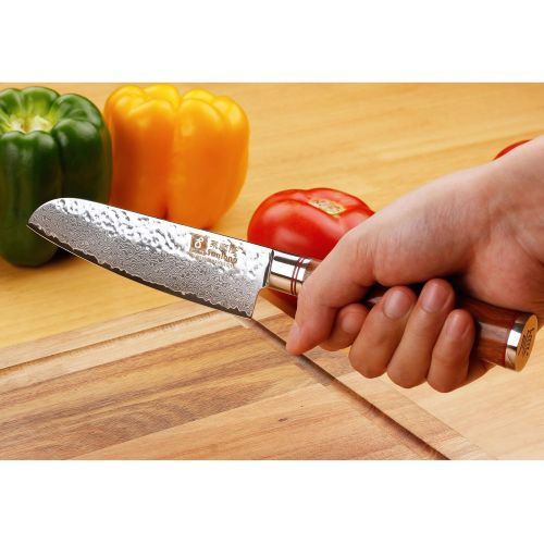  Sunlong Santoku Messer 5 Zoll Pro Gebrauchsmesser Japanische VG10 gehammert Damaststahl Natur Rose Holzgriff