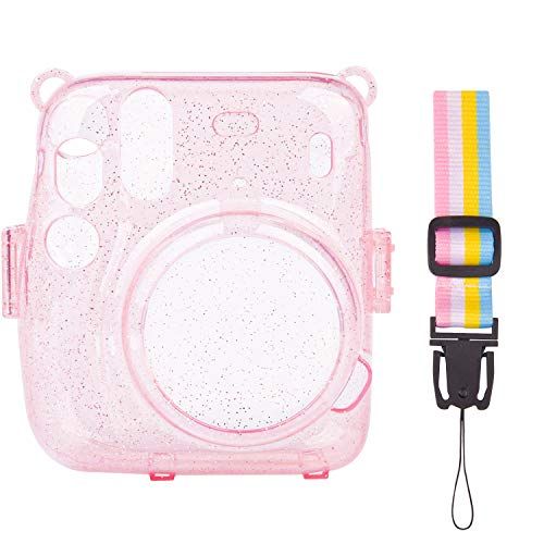  SUNMNS Clear Crystal Protective Case Compatible with Fujifilm Instax Mini 11 Instant Camera, Hard PVC Cover with Removable Rainbow Shoulder Strap (Shining Pink)