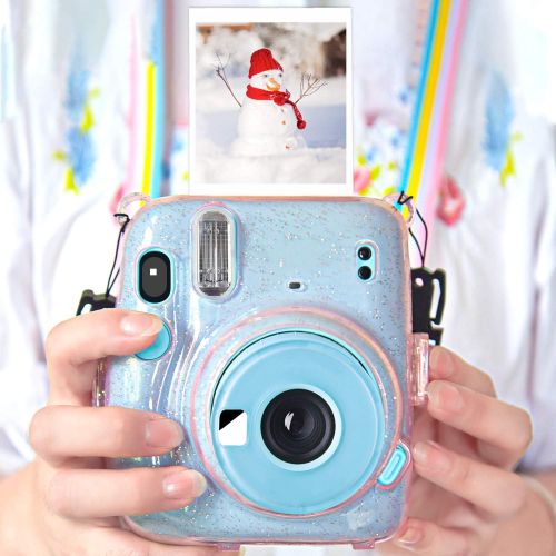  SUNMNS Clear Crystal Protective Case Compatible with Fujifilm Instax Mini 11 Instant Camera, Hard PVC Cover with Removable Rainbow Shoulder Strap (Shining Pink)