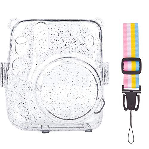  SUNMNS Clear Crystal Protective Case Compatible with Fujifilm Instax Mini 11 Instant Camera, Hard PVC Cover with Removable Rainbow Shoulder Strap (Shining Transparent)