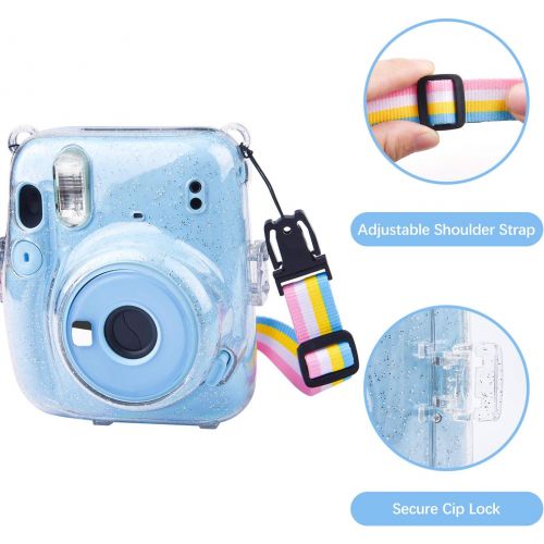  SUNMNS Clear Crystal Protective Case Compatible with Fujifilm Instax Mini 11 Instant Camera, Hard PVC Cover with Removable Rainbow Shoulder Strap (Shining Transparent)