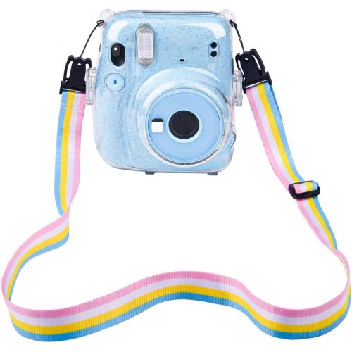  SUNMNS Clear Crystal Protective Case Compatible with Fujifilm Instax Mini 11 Instant Camera, Hard PVC Cover with Removable Rainbow Shoulder Strap (Shining Transparent)