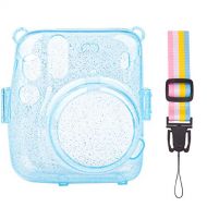 SUNMNS Clear Crystal Protective Case Compatible with Fujifilm Instax Mini 11 Instant Camera, Hard PVC Cover with Removable Rainbow Shoulder Strap (Shining Blue)