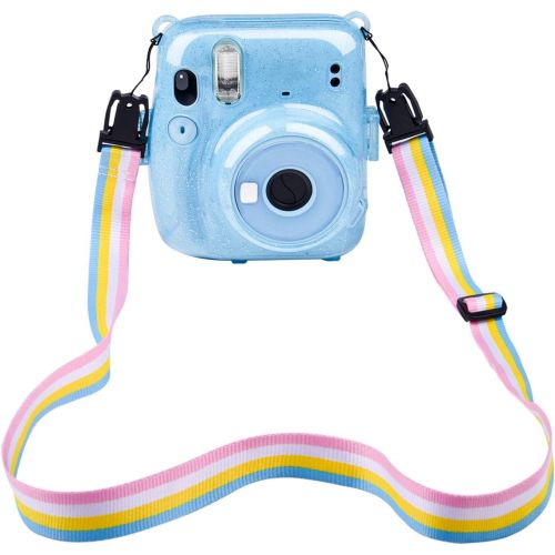  SUNMNS Clear Crystal Protective Case Compatible with Fujifilm Instax Mini 11 Instant Camera, Hard PVC Cover with Removable Rainbow Shoulder Strap (Shining Blue)