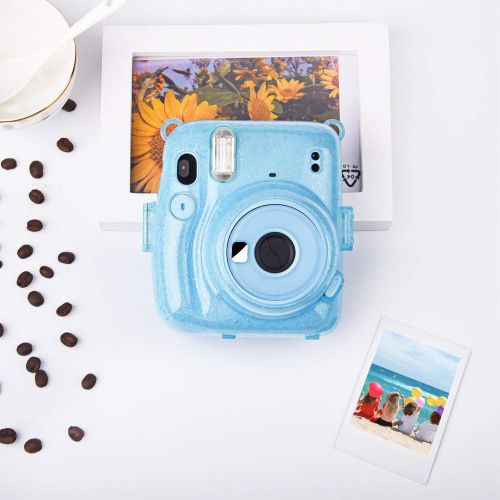  SUNMNS Clear Crystal Protective Case Compatible with Fujifilm Instax Mini 11 Instant Camera, Hard PVC Cover with Removable Rainbow Shoulder Strap (Shining Blue)