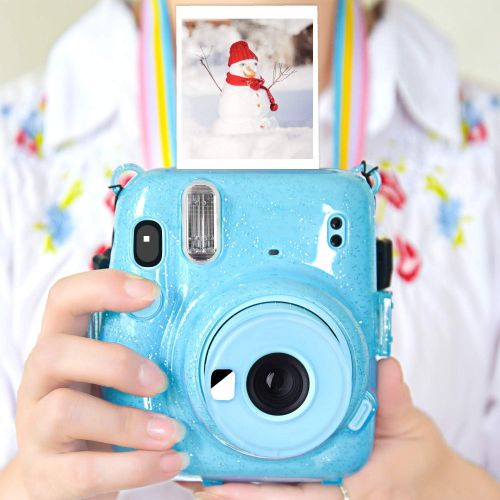  SUNMNS Clear Crystal Protective Case Compatible with Fujifilm Instax Mini 11 Instant Camera, Hard PVC Cover with Removable Rainbow Shoulder Strap (Shining Blue)