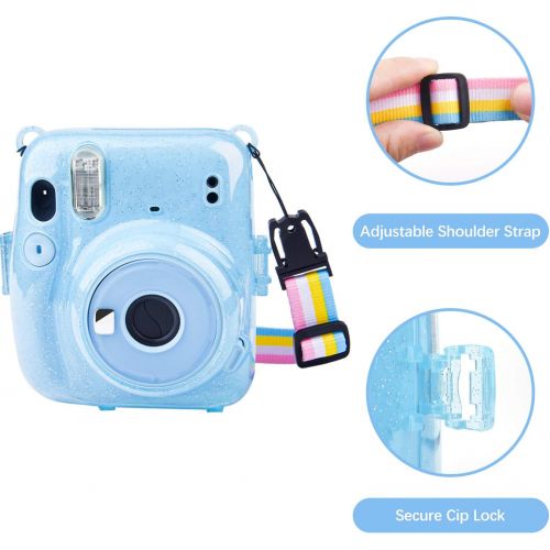  SUNMNS Clear Crystal Protective Case Compatible with Fujifilm Instax Mini 11 Instant Camera, Hard PVC Cover with Removable Rainbow Shoulder Strap (Shining Blue)