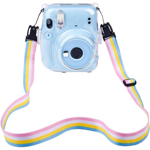  SUNMNS Clear Crystal Protective Case Compatible with Fujifilm Instax Mini 11 Instant Camera, Hard PVC Cover with Removable Rainbow Shoulder Strap (Transparent)