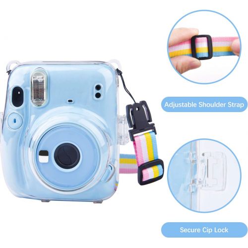  SUNMNS Clear Crystal Protective Case Compatible with Fujifilm Instax Mini 11 Instant Camera, Hard PVC Cover with Removable Rainbow Shoulder Strap (Transparent)