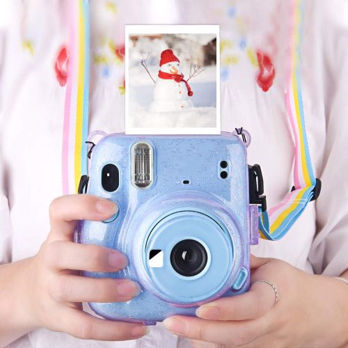  SUNMNS Clear Crystal Protective Case Compatible with Fujifilm Instax Mini 11 Instant Camera, Hard PVC Cover with Removable Rainbow Shoulder Strap (Shining Purple)