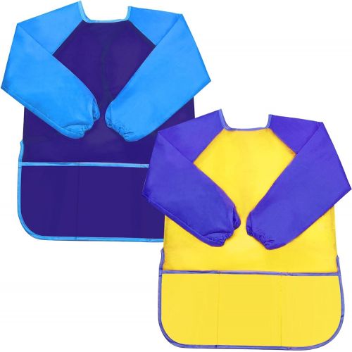  [아마존베스트]Sunmns Kids Art Smocks, Children Boy Waterproof Artist Painting Aprons Long Sleeve with 3 Pockets for Age 3-5 Years, 2 Pieces (Yellow, Blue)