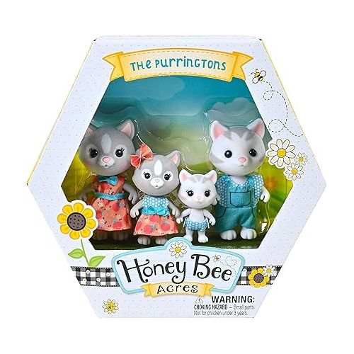  Sunny Days Entertainment Honey Bee Acres Purringtons Cat Family - 4 Miniature Flocked Dolls | Small Collectible Kitten Figures | Pretend Play Toys for Kids