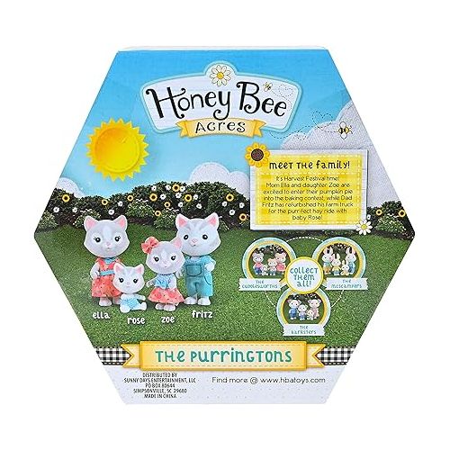  Sunny Days Entertainment Honey Bee Acres Purringtons Cat Family - 4 Miniature Flocked Dolls | Small Collectible Kitten Figures | Pretend Play Toys for Kids