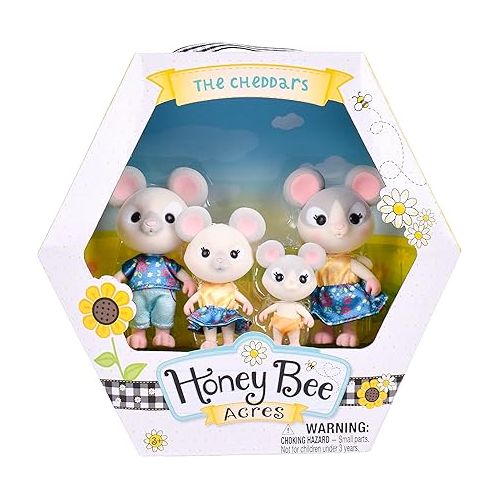  Sunny Days Entertainment Honey Bee Acres Cheddars Mouse Family - 4 Miniature Flocked Dolls | Small Collectible Figures | Pretend Play Toys for Kids