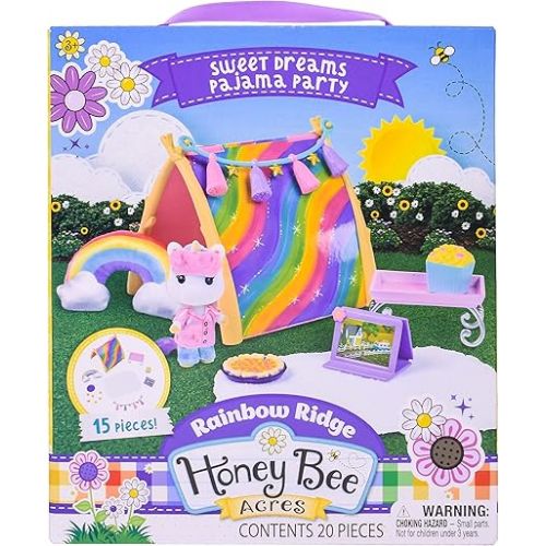  Sunny Days Entertainment Honey Bee Acres Rainbow Ridge Sweet Dreams Pajama Party - 15 Piece Dollhouse Playset with Exclusive Unicorn Figure | Pretend Play Toys for Kids