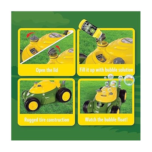  John Deere Bubble-N-Go Mower - Toy Lawn Mower with Bubble Solution | Green Automatic Bubble Machine | No Batteries Required - Sunny Days Entertainment,Green/Yellow