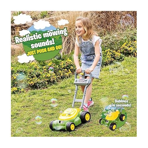  John Deere Bubble-N-Go Mower - Toy Lawn Mower with Bubble Solution | Green Automatic Bubble Machine | No Batteries Required - Sunny Days Entertainment,Green/Yellow